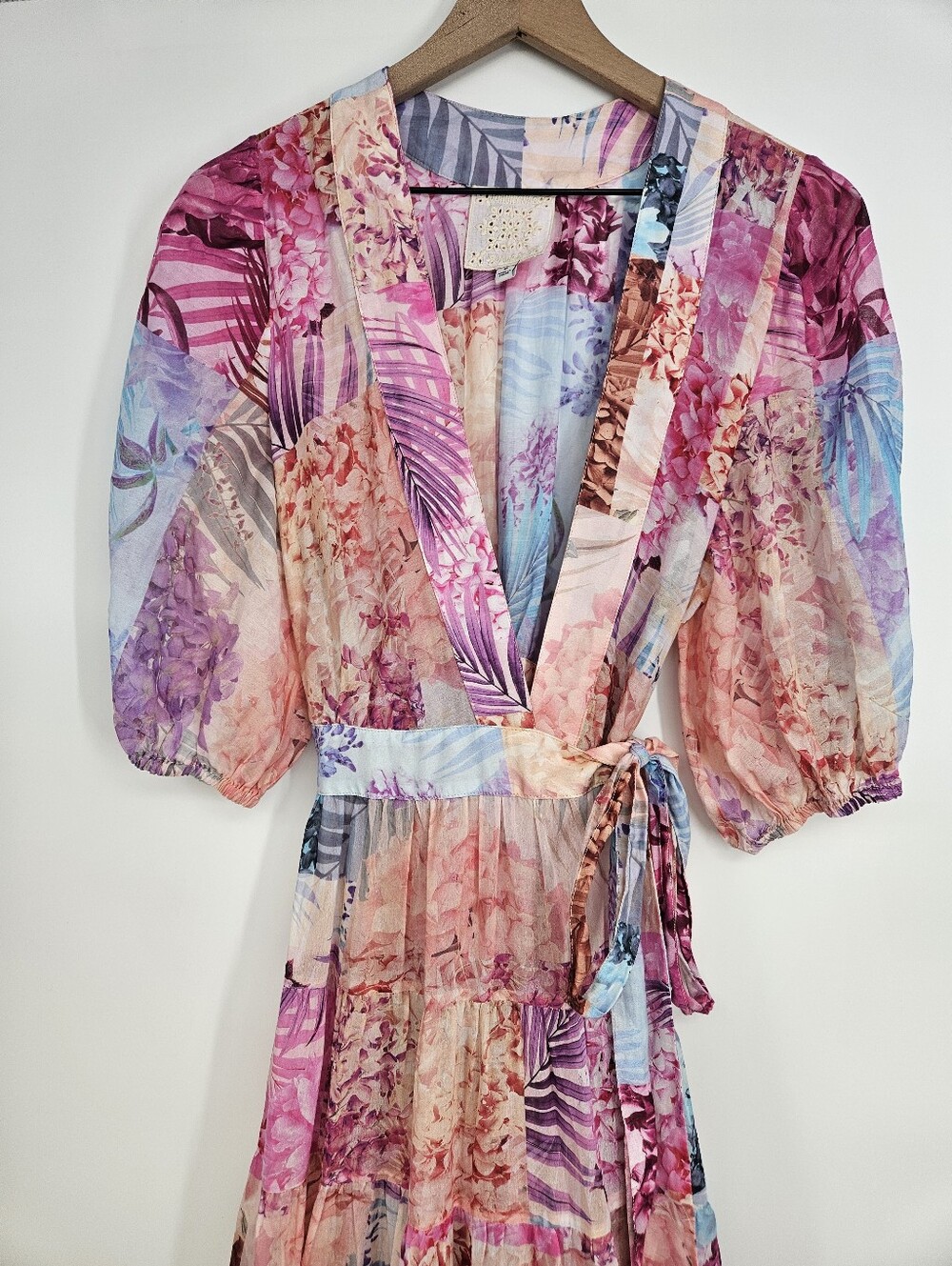 Johnny Was Jade Silk Blend Patchwork Floral Annalise Wrap Midi Dress - Picture 3 of 13